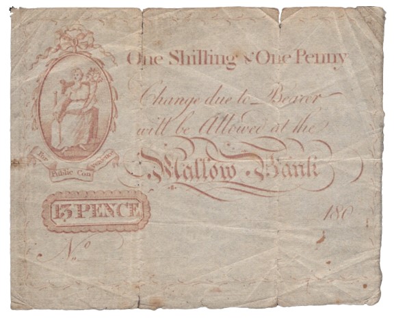 180_ Mallow Bank, Type 1, One shilling & 1d (aka 1 shilling Sterling) De la Cour & Galwey, unissued (no serial number), almost Fine. Very rare