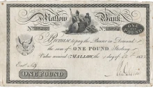 1835 Mallow Bank, One Pound Sterling, dated 1st October, no. 3024, for Robert De La Cour & signed by him. Pinholes and a few spots, otherwise Very Fine (VF)