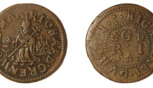Richard Greenwood's token penny (Dublin) compared to the small St Patrick's farthing