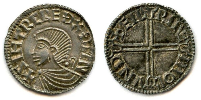 Hiberno-Norse, Phase II Penny, c. 995-1036. 19mm, Obv. SIHTRC REDX DMN, draped bust left, pellet & crozier behind neck. Rev. AEIL RINE MIOL VND