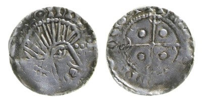 Hiberno-Norse Penny, Phase V. Obv. Wt. 0.64g. Crude bust right, Cross pommée behind, three pellets before nose. Rev. Cross within inner circle